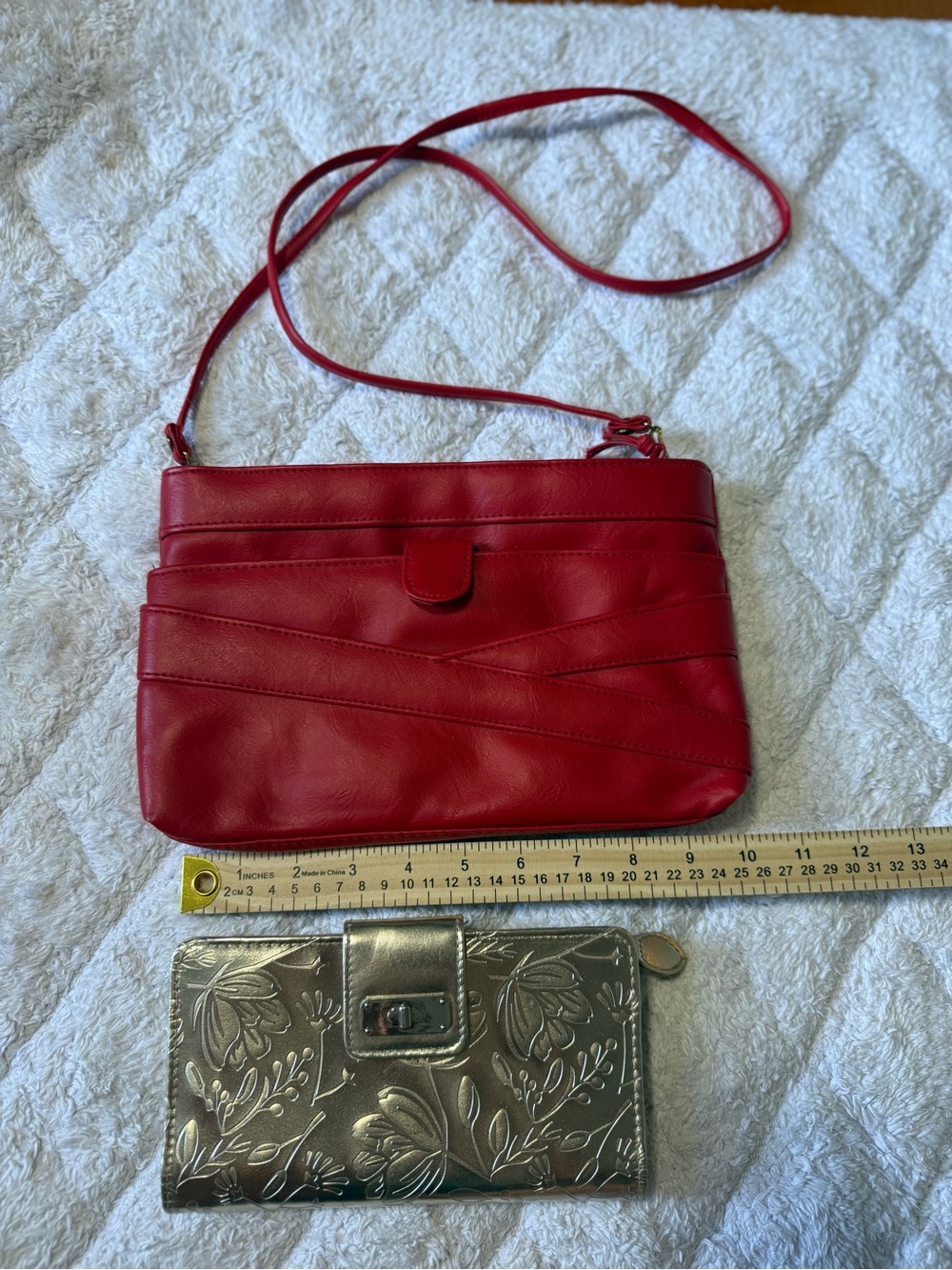 Red Womenโs Crossbody Bag - Classic Red Leather Shoulder Bag plus gold wallet.